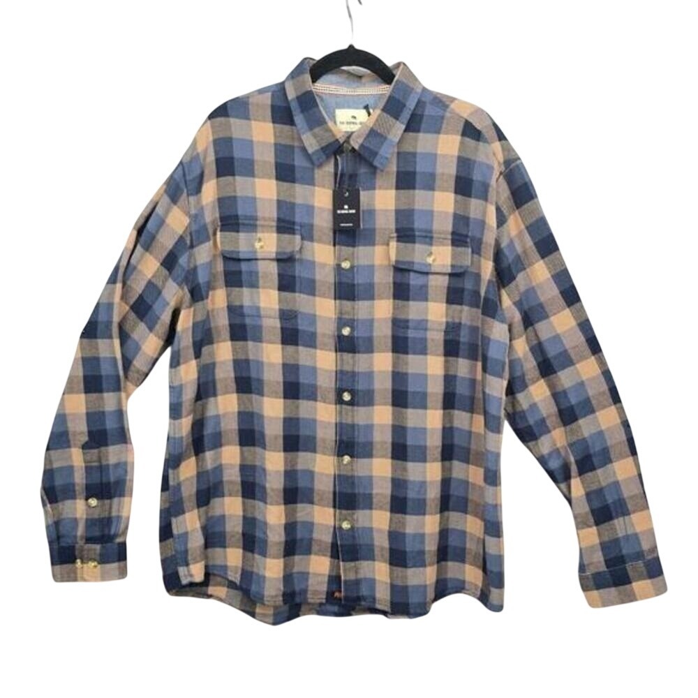 The Normal Brand Shirt Mens XXL Blue Tan‎ Plaid Flannel Button Down Long Sleeve